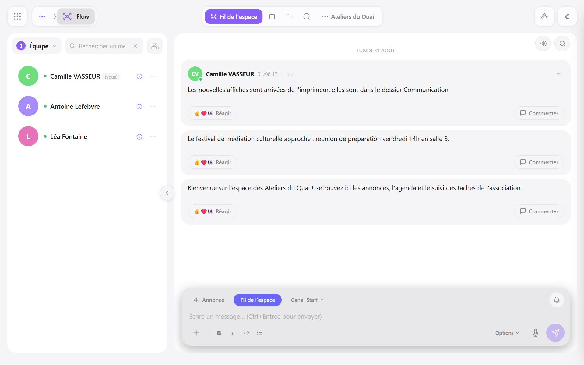 L'espace AQIN Flow : fil d'annonces, agenda et suivi de tâches