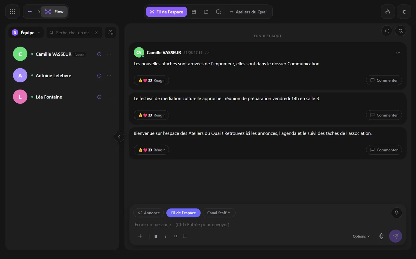 L'espace AQIN Flow : fil d'annonces, agenda et suivi de tâches